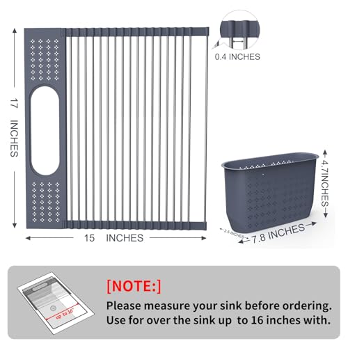 LEMIKKLE 17" x 15" Roll Up Dish Drying Rack Over The Sink Dish Drying Rack,Multi-Purpose Kitchen Rolling Dish Drainer Foldable SUS304 Stainless Steel Dish Drying Rack - color: Grey (for Size 17" X 15")