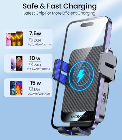 Wireless Car Charger, MOKPR 15W Fast Charging Auto-Clamping Car Mount Hands-Free Car Charger Mount for Dash Windshield Air Vent Compatible with iPhone 16 15/14/13/12, Samsung S23/S22/S21,Blue - color: Blue