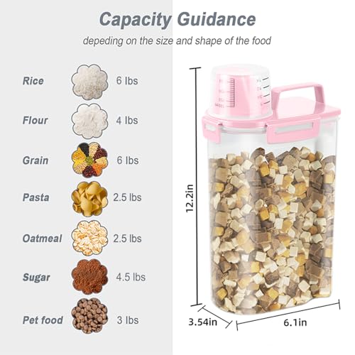 LEAWALK Airtight Rice Storage Container, Cereal Dry Food Flour and Sugar Bin, Dog Cat Food Dispenser with Measuring Cup, BPA Free Clear Plastic Kitchen (Pink x 2, 3L-2pack) - color: Pink x 2, size: 3L-2pack