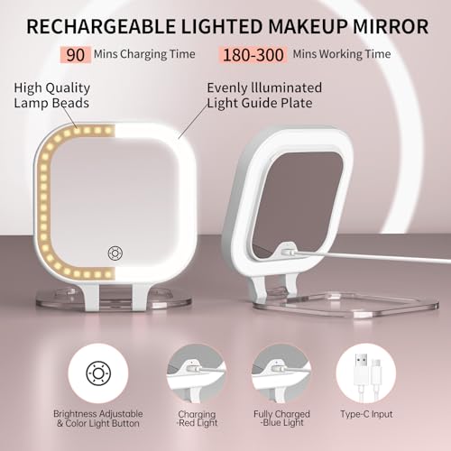 FUNTOUCH Rechargeable Travel Makeup Mirror, 30X/1X Rechargeable Double Sides Magnifying Mirror with 3 Light Settings & Adjustable Brightness,Compact Mirror with PU Bag Valentine's Day Gift, White - color: White-c