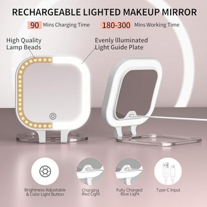 FUNTOUCH Rechargeable Travel Makeup Mirror, 30X/1X Rechargeable Double Sides Magnifying Mirror with 3 Light Settings & Adjustable Brightness,Compact Mirror with PU Bag Valentine's Day Gift, White - color: White-c