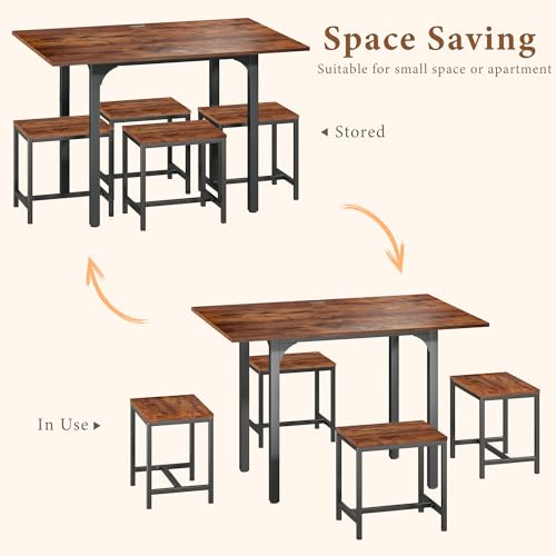HUAHUU Dining Table Set for 4, Extendable Kitchen Table Chairs Set of 4, Rectangle Dining Table with Metal Frame & MDF Board, Folding for Small Apartment Saving Space, Rustic Brown - color: Rustic Brown