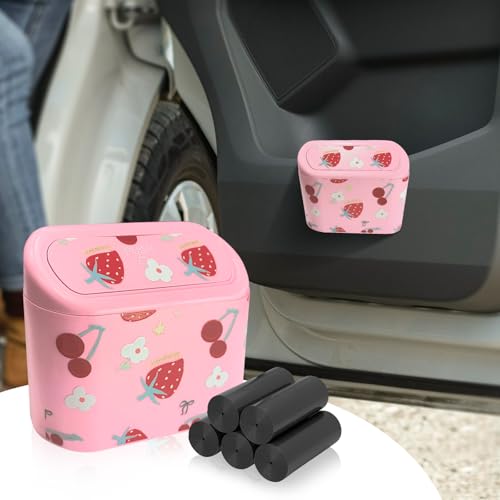 Mini Car Trash Can with Lid – Cute Strawberry Pink Trash Can for Women with 5 Bags, Girly Automotive Organizer for Front and Back Seat, Car Accessories for Teen Girls, SUV, Truck, Sedan - color: Pink
