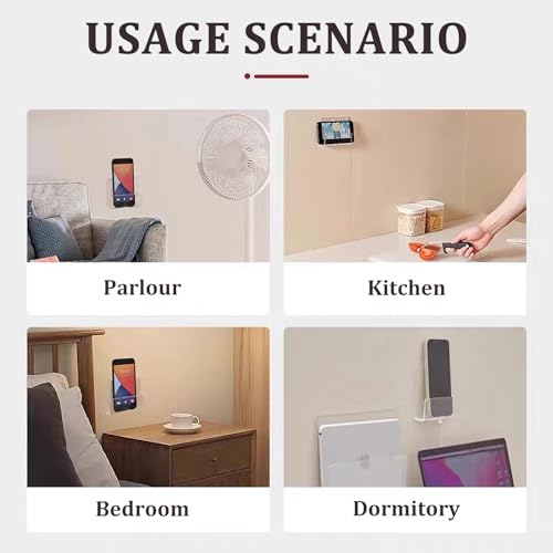 MIUPOO Clear Wall Mounted Phone Holder,Acrylic Phone Stand Self Adhesive with Charging Hole,Smartphone Cradle Bedside Organizer Remote Control Stand for RV Charging,2 Pieces. (2, Clear)