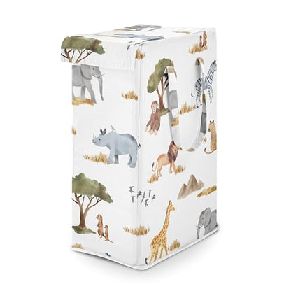 Sweet Jojo Designs Jungle Animals Boy Girl Unisex Gender Neutral Laundry Hamper Foldable Dirty Clothes Basket with Handles Baby Nursery Kids Bedroom Teen Bathroom Wildlife Safari Elephant Giraffe Lion - color: Jungle Animals