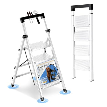 4 Step Ladder with Handrail Folding Step Stool with Tool Tray | 500LBS Capacity Sturdy Carbon Steel Frame Anti-Slip Stripe Pedal for Home Kitchen Garage (white-4step) - color: White-tool, size: 4 step