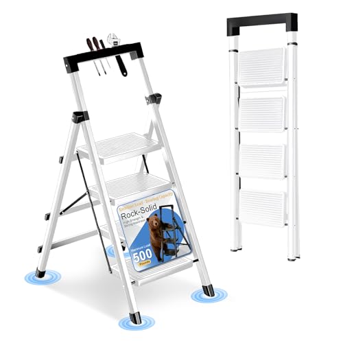4 Step Ladder with Handrail Folding Step Stool with Tool Tray | 500LBS Capacity Sturdy Carbon Steel Frame Anti-Slip Stripe Pedal for Home Kitchen Garage (white-4step) - color: White-tool, size: 4 step