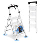 4 Step Ladder with Handrail Folding Step Stool with Tool Tray | 500LBS Capacity Sturdy Carbon Steel Frame Anti-Slip Stripe Pedal for Home Kitchen Garage (white-4step) - color: White-tool, size: 4 step