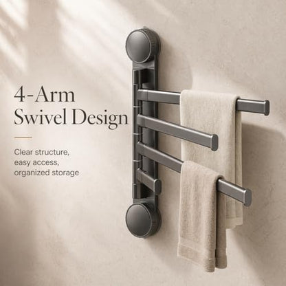 Swivel Towel Rack, 4-Arm Suction Cup Towel Holder, Thicken Aluminum Swing Out Towel Bar, Rustproof Space Saving Towel Hanger for Bathroom and Kitchen (Gun Grey)