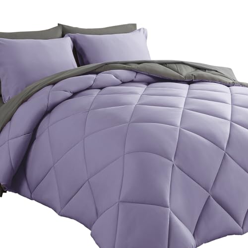 Cosybay Bed in a Bag Full Reversible Comforter Sets 7pcs All Season Down Alternative Bedding Sets Lavender and Grey with Comforter, Pillow Shams, Flat Sheet, Fitted Sheet and Pillowcase - color: Lavender/Grey, size: Full