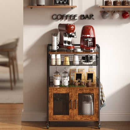 Hencawima Coffee Bar Cabinet, 3 Tier Coffee Station Table on Wheels, 35.9" H Bar Cart with Wire Basket Drawer & 5 Hooks for Home Kitchen, Liquor Buffet Sideboard Cabinet (Rustic Brown) - size: X-Large