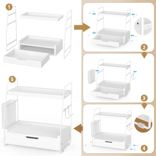 2-Tier Bathroom Counter Organizer with Drawer and Removable Basket, Wood Vanity Countertop Storage for Perfume, Makeup, Skincare, Bathroom Counter Shelf, 13" x 7.9" x 14.5", White - color: White