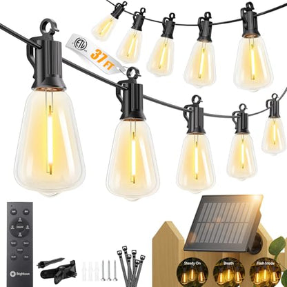 Brightown 37FT Solar String Lights Outdoor Waterproof, Patio Lights with Remote and 10+1 LED Shatterproof Bulbs, Dimmable & Timable, 3 Light Modes, Solar Lights Outdoor for Yard Camping Party Outside - size: 37FT(10 Sockets)