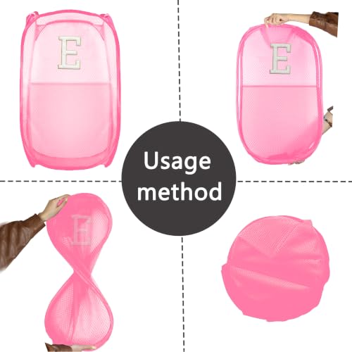 Collapsible Pop Up Laundry Hamper, Extra Large with Removable Initial Letter E, Mesh Foldable Laundry Basket, 28" x 16" x 16" (Pink) - color: 1P PinkE