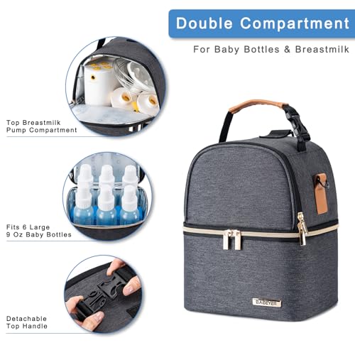 Breastmilk Cooler Bag with Ice Pack Fits 6 Baby Bottles up to 9 Ounce, Breastmilk Pump Cooler Bag with Shoulder Strap for Nursing Mom Daycare, Work, Travel- Grey - color: Dark Grey