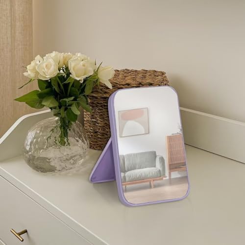 8-Inch Table Desk Vanity Makeup Mirror, Simple Portable Travel Mirror with Stand, Standing and Wall Hanging Dual-use, Purple - color: Purple