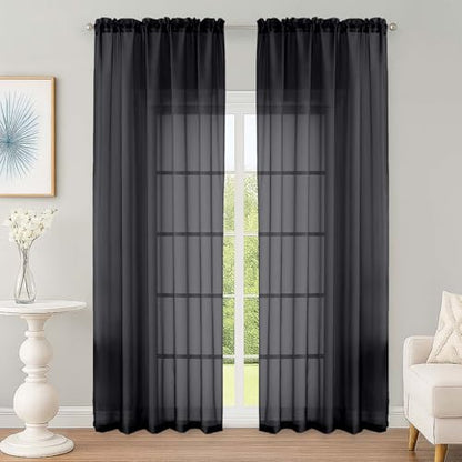 OWENIE Black Sheer Curtain 90 Inches Long 2 Panels Set, Solid Filmy Drapes for Living Room Bedroom, Elegant Window Voile Sheer Curtain Panels Drapes, 2 Pcs, Each 59W x 90L Inch - color: Black, size: 59"W x 90"L (Pack of 2)