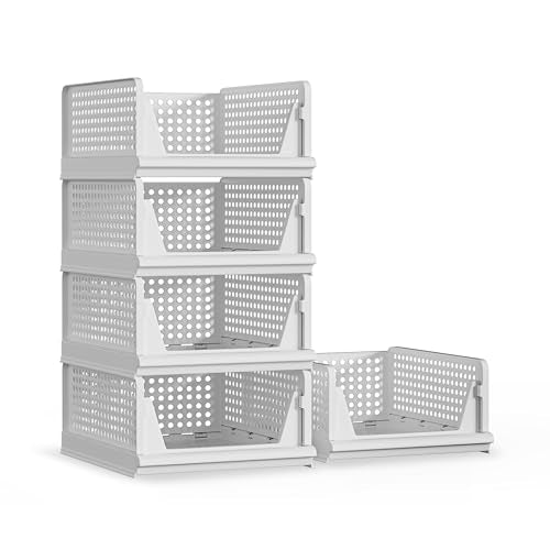 Proarea 5 Pack Stackable Plastic Storage Basket Closet Organizer Bin Foldable Clothes Organizer Storage Drawer Shelf Container for Living Room Bathroom Kitchen Office Laundry Room 5L - color: White, size: 5 Pack 5 L