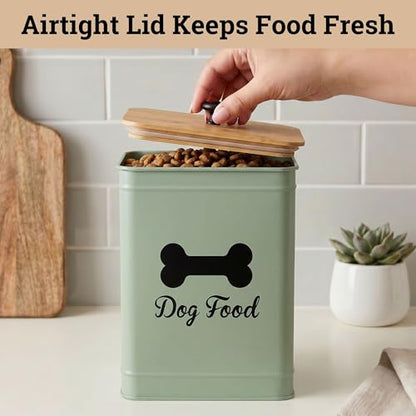 Dog Food Container Airtight 5-7 lb (25 Cup) Capacity - Cute Airtight Dog Food Storage Container with Bamboo Lid & Sturdy Metal Handle - Green Metal Kibble Storage Bin for Dogs up to 50 lbs - Pet Jar - color: Sage Green