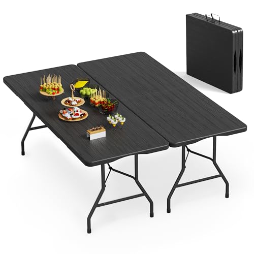 VSOAEIL Set of 2 6 Foot Folding Table for Indoor Outdoor, Portable Heavy Duty Fold-in-Half Utility Plastic Foldable Dining Table with Carrying Handle for Picnic, Camping and Party, 2 Pack Matte Black - color: Black, size: 6 FT - 2 PACK