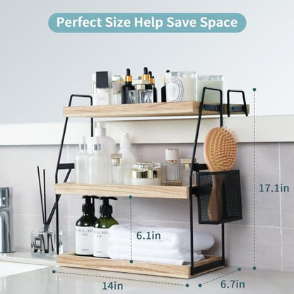 Bathroom Counter Organizer, 3-Tier Standing Storage Shelf with Basket, Wood Tray for Skincare Vanity Organizer - style: 3 Tier Brown