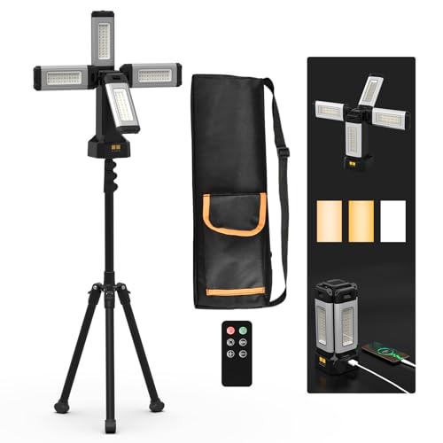 Upgraded Aluminum13200mAh Rechargeable Work Light with 78in Height Folding Stand and Carrying Bag, 8000 Lumen Cordless Camping Light, White/Warm/Nature White with Detachable Tripod (Remote) - color: Remote