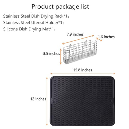 NiuYichee Stainless Steel Dish Drying Rack(15"L X 12.6"W X 4.7"H), Expandable Fruit & Vegetable Drain Rack over Sink, Dish Drainer Rack in Sink, with Stainless Steel Utensil Holder & Silicone Mat(16") - size: X-Large【15" X 12.6"】