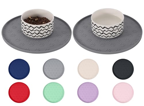 Comtim Waterproof Dog Food Mat - 2 Pack Silicone Pet Food Mat Dog Food Bowl Mats Cat Water Mats Eating Tray, Non-Slip Pet Placemat with Lip for Messy Drinkers to Protect Floor,Dark Grey 11"×11" - color: Dark Grey