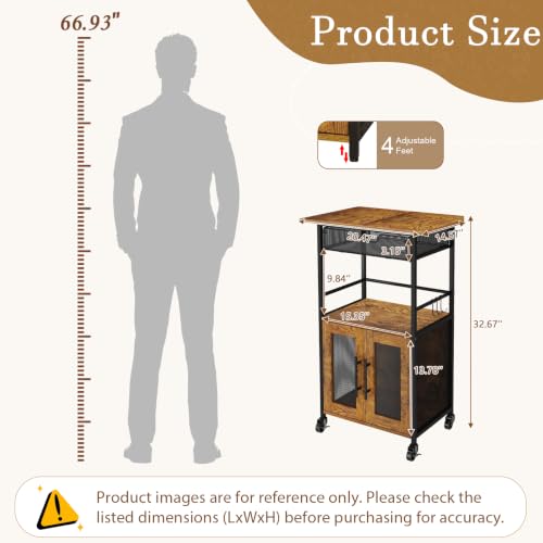 3 Tier Slim Rolling Coffee Cart with 2-Door & Pull-Out Wire Basket Drawer, Coffee Bar Cabinet on Lockable Casters, 32.7" H Microwave Cart with Storage for Home, Kitchen, Dining Room (Rustic Brown) - size: Medium
