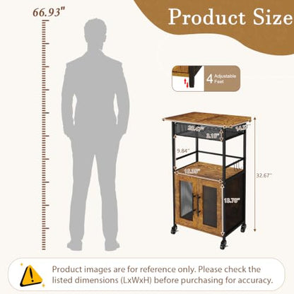 3 Tier Slim Rolling Coffee Cart with 2-Door & Pull-Out Wire Basket Drawer, Coffee Bar Cabinet on Lockable Casters, 32.7" H Microwave Cart with Storage for Home, Kitchen, Dining Room (Rustic Brown) - size: Medium