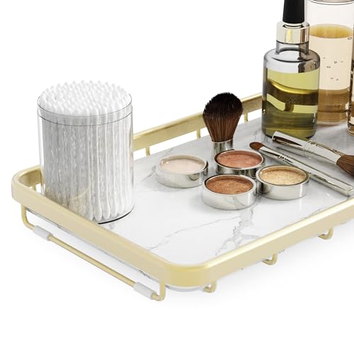 Counter Organizer for Bathroom, Kitchen or Coffee Bar, Metal Shelf with Faux Marble, Vanity Countertop Makeup Storage, Dresser Perfume Display Rack, Toilet Tank Tray (Matte Gold, 1-tier) - color: Matte Gold, size: 1-tier