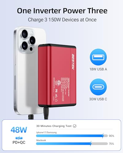 BESTEK 150W Car Power Inverter 11V-17V for Tesla Truck RV, 30W USB C PD 18W USB A Charger, 12V DC to 110V AC Converter with Detachable Cigarette Lighter Cable, 10-Layer Protection, ETL Certified, Red - color: Red