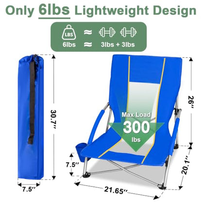 Romswi 2 Pack Lightweight Low Beach Chairs with Breathable Mesh Back, 6LBS Folding Portable Sand Chairs with Cup Holder, Heavy Duty 300lbs Capacity for Camping & Outdoor Use, Blue - color: Blue - Low Back