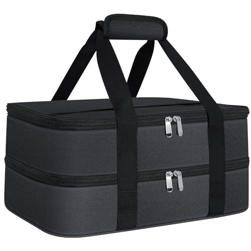 esouler Double Insulated Casserole Carrier Bag Hot & Cold Food Carrier Bag Lasagna Holder Lunch Bag for Picnics, Parties, Travel, Fits 9 x 13 Inches Casserole Dish-Black - color: Black, size: 16x10x7.2 in