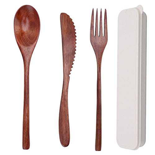 3-Piece Wooden Cutlery Set, Portable Reusable Wooden Utensil Set Including Spoon Fork Knife and Box for Lunch, Camping, Family and Office