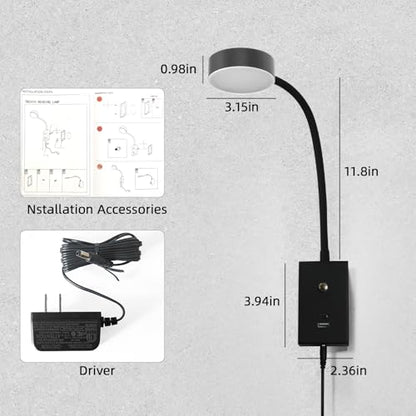 LED Wall Mounted Reading Light -2Pack | Flexible Gooseneck Touch Dimmable Bedside Lamp with USB-A/C Port - size: 2Pack