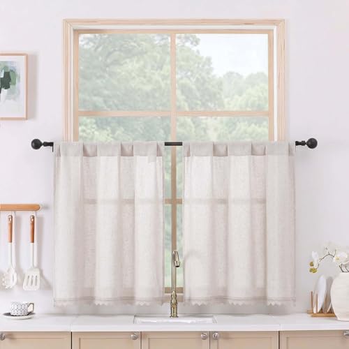 Chyhomenyc Lace Kitchen Curtains 30 Inch Length - Light Filtering Faux Linen Small Half Window Curtains Over Sink, Vintage Farmhouse Curtain Tiers for Bathroom Basement, 26Wx30L, 2 Pieces, Natural - color: Natural, size: 26"W x 30"L (Pack of 2)