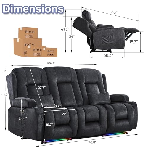 TUNYI Power Loveseat Recliner Sofa with Massage & Heat Home Theater Seating with Console RV Recliner Loveseat Sofa with USB/Storage/Side Pocket/LED Light/Speaker (Grey, 3 Seat) - color: Grey, size: 3 Seat