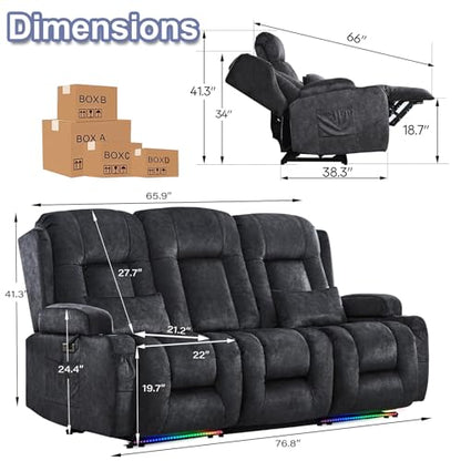 TUNYI Power Loveseat Recliner Sofa with Massage & Heat Home Theater Seating with Console RV Recliner Loveseat Sofa with USB/Storage/Side Pocket/LED Light/Speaker (Grey, 3 Seat) - color: Grey, size: 3 Seat