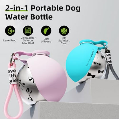 2-in-1 Portable Dog Water Bottle for Small Dogs - Leak-Proof & Compact Dog Travel Water Bottle -Stainless Steel Bottle & Silicone Bowl - Ideal for Walking, Hiking & Travels (10 fl oz, Pink) - color: Pink