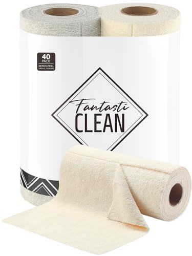 Fantasticlean Kitchen Towels - 40 Sheets - Reusable Washable Dishcloth Rolls, Super Absorbent, Premium Microfiber Cleaning Cloths, 10'' by 10'' (Beige, Grayish) - color: Beige and Grayish