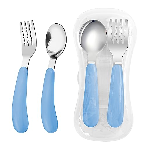 VANRA 2 Pieces Toddler Fork and Spoon Set with Travel Case 18/8 Stainless Steel Toddler Utensils Kids Silverware Children Flatware Child Cutlery Set for School Lunch Box (Blue) - color: Blue