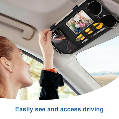 Car Sun Visor Organizer,Truck Accessories with Photo Frame & Zippered Pocket, Universal Visor Organizer Bag with Acrylic Window, Fits Most Cars for Storage