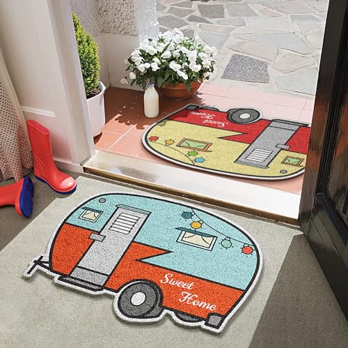 Happy Camper Door Mat 2 Pack,RV Floor Mats,23"x16"Sweet Home Front Door Mats Outdoor Indoor mats,Non-Slip Welcome mats Entrance Way Rug,Durable Door Mats for RV,Home Decor,Campsite Camper