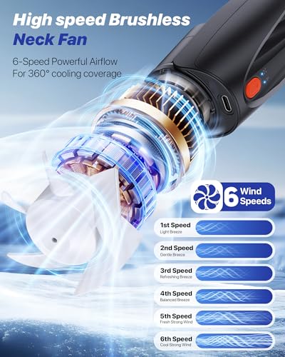 Kesguar Portable Neck Fan, 20H RunTime Cooling Fan, 6 Speeds 360° Airflow Personal Fan, Rechargeable Hands Free with 6000mAh Battery Wearable Fan Gifts for Women Men Outdoor Travel Camping - color: Black