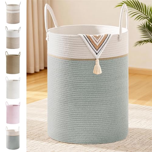 100L Extra Large Tall Cotton Rope Laundry Basket with Handles, Sage Green | Storage Bin for Clothes, Blankets & Kids Toys, Boho Woven Hamper, Portable Organizer for Nursery, Bedroom, Living Room - color: Sage Green, size: 100L