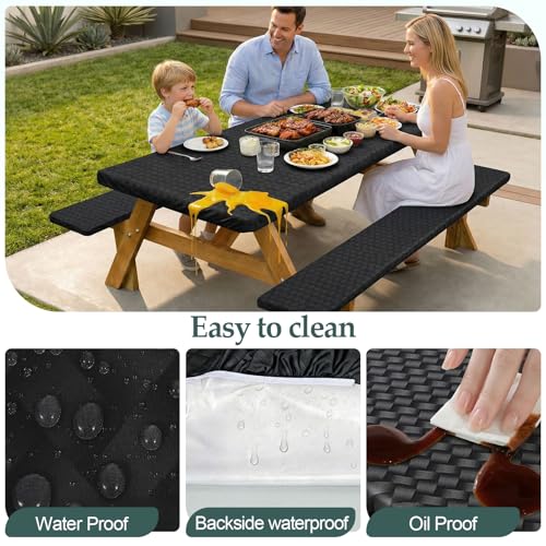 Play Tailor Picnic Table Cover with Bench Covers Camping Essentials Waterproof Windproof Camping Tablecloth with Drawstring Bag, Fitted Rectangle Tables and Seats, 72in, Black - color: Black, size: 72in