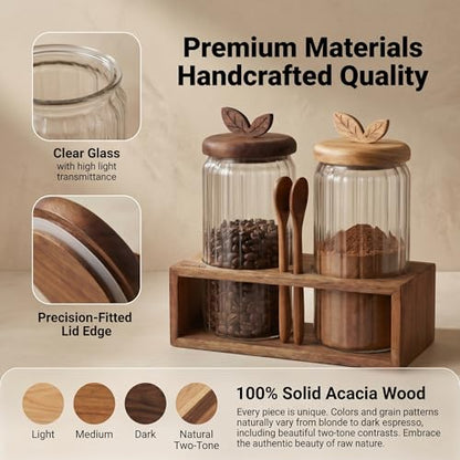 Coffee Bar Glass Canister Set of 2, Airtight Glass Storage Jars with Acacia Wood Lids, Spoons and Organizer Tray for Coffee Beans, Sugar, Tea and Kitchen Counter (2 x 34floz)