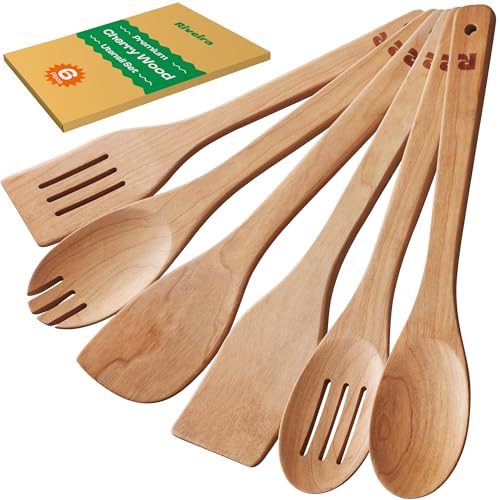 Riveira Cherry Wooden Spoons for Cooking Set of 6 – Natural Cherry Wooden Cooking Utensils, Wooden Spatula, Wooden Spoon - Premium Quality Utensil Set for Non-Toxic Cooking - color: Cherry, size: Set of 6