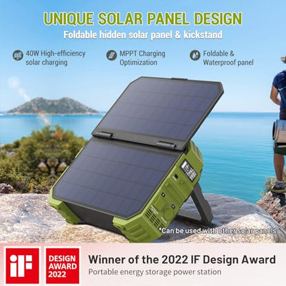 BROWEY Portable Power Station, 1000W (Peak 2000W) Solar Generator with Built-in Solar Panel, 614WH LiFePO4 Battery Pack, AC/DC/USB/PD Outputs, for Outdoor Camping, RV Travel, Emergency Preparedness - style: S1000 Green